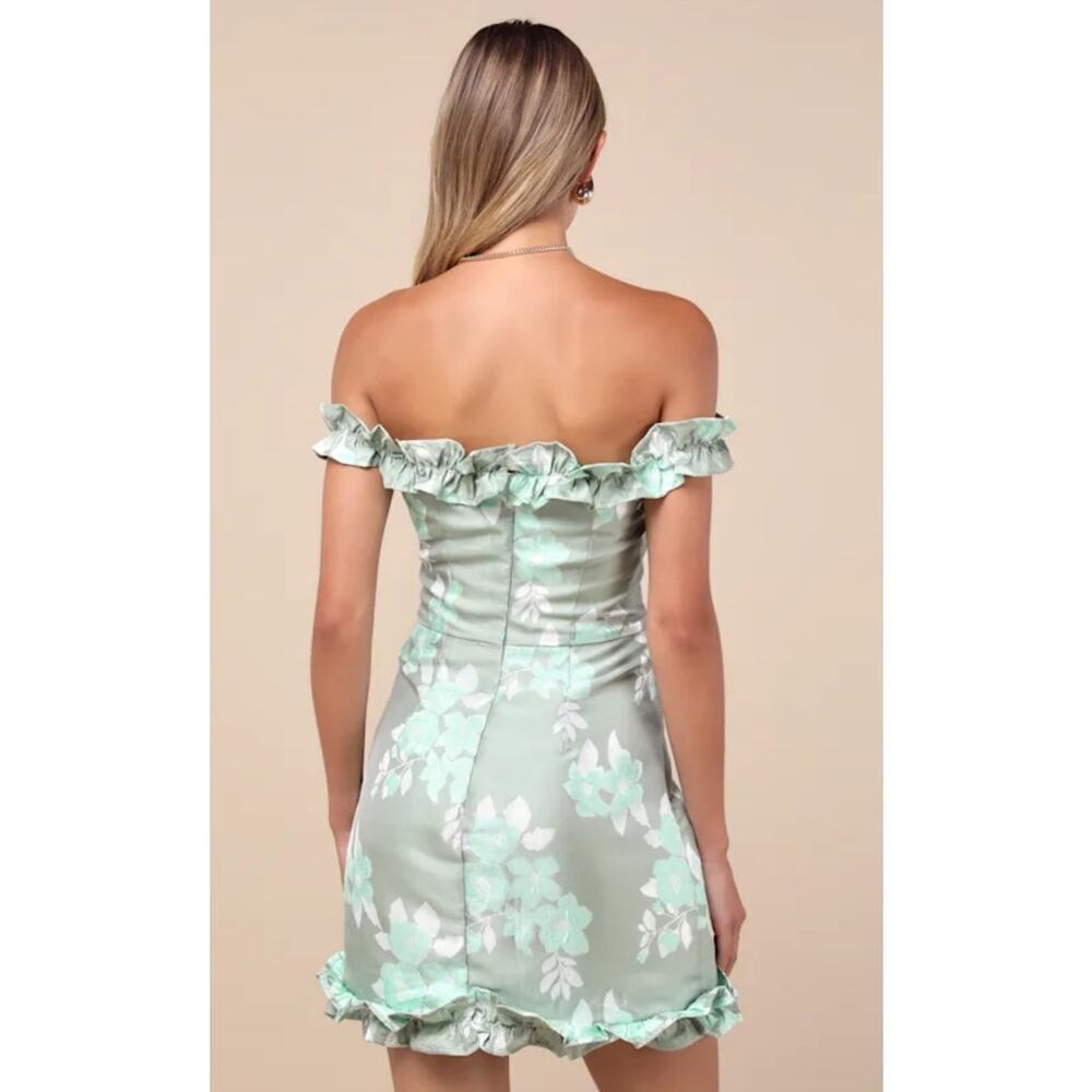 NWT Lulus Pop the Bottle Sage Green Floral Jacquard Ruffled Mini Dress Size XL - Picture 4 of 9